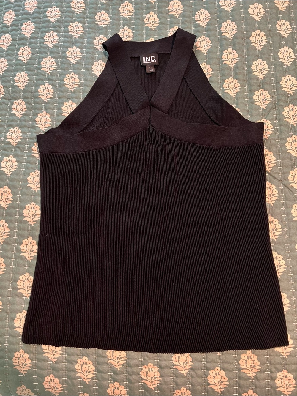 INC International Concepts Black Ribbed Cross-Front Halter Tank